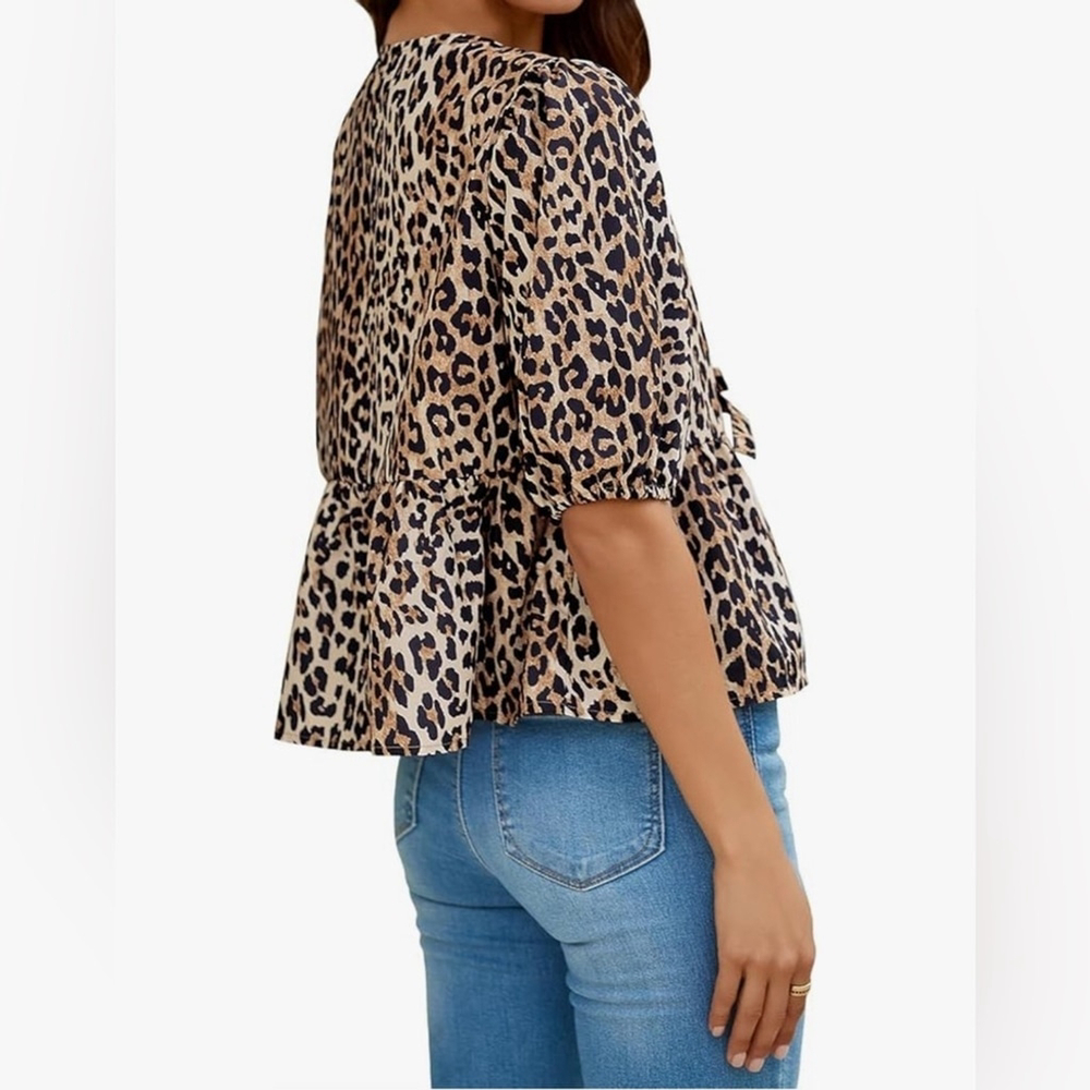 NEW Leopard Tie Front Peplum Babydoll Puff Short Sleeve Blouse Shirt XL - Picture 2 of 7